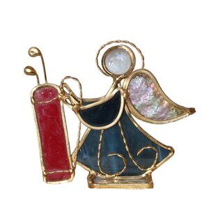 Stained glass Christmas angel ornament musician with instruments blue red gold